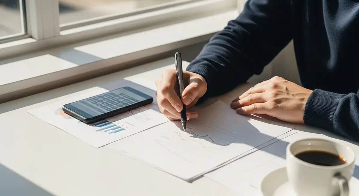 Finanzplanung für den Autokauf am hellen Schreibtisch mit Taschenrechner und Kaffee