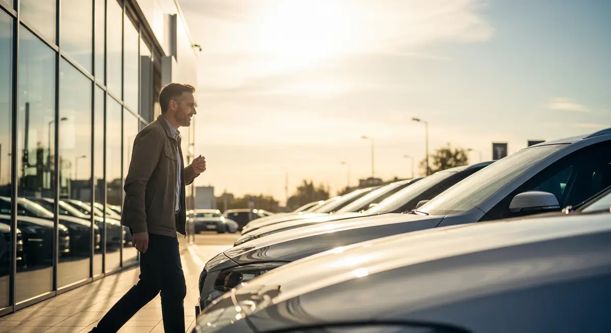 Mann schaut sich zuversichtlich Fahrzeuge auf einem sonnigen Autohaus-Gelände an