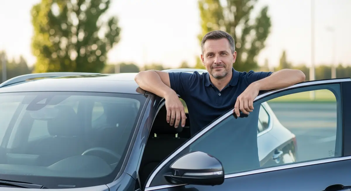 Mann steht stolz vor seinem neuen Reimport-Fahrzeug