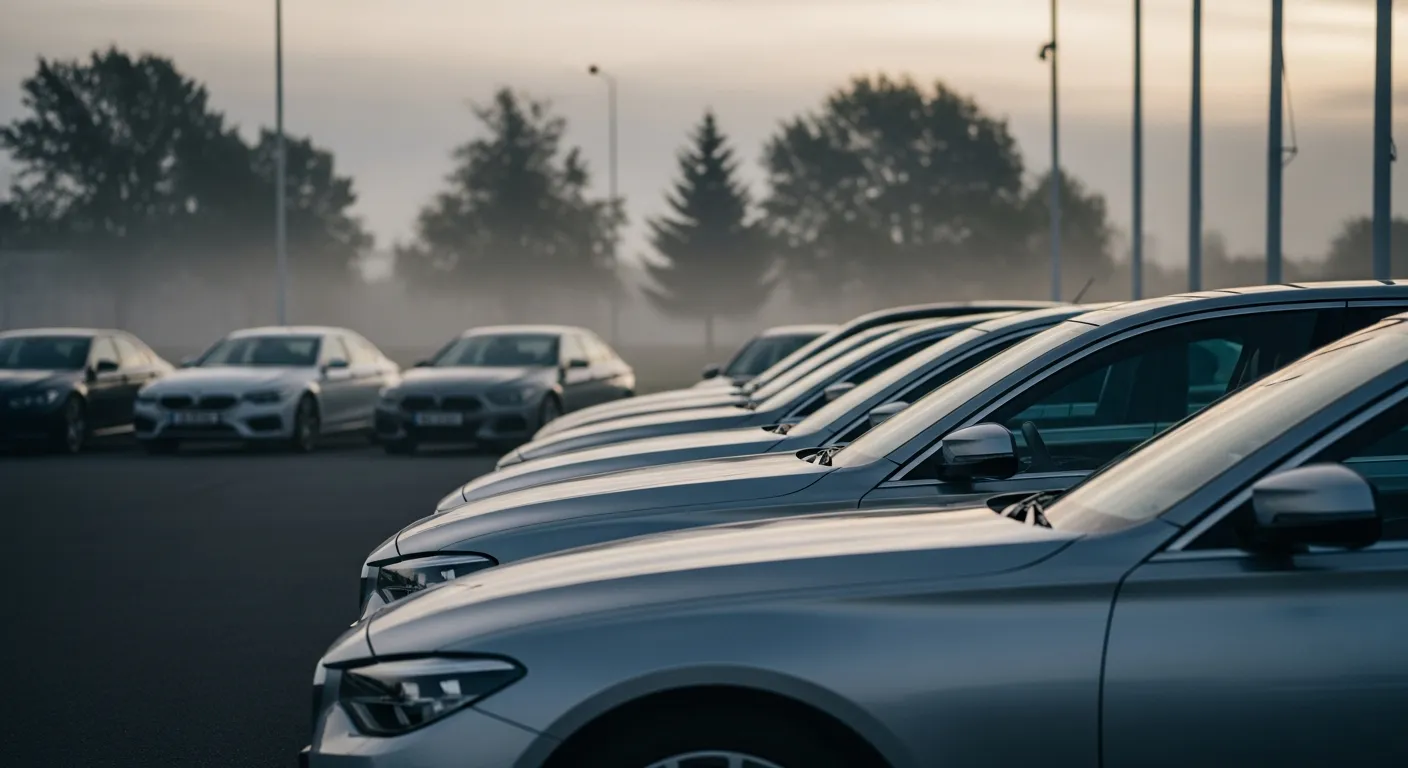 Neue EU-Reimport Fahrzeuge auf dem Händlergelände in Morgenstimmung